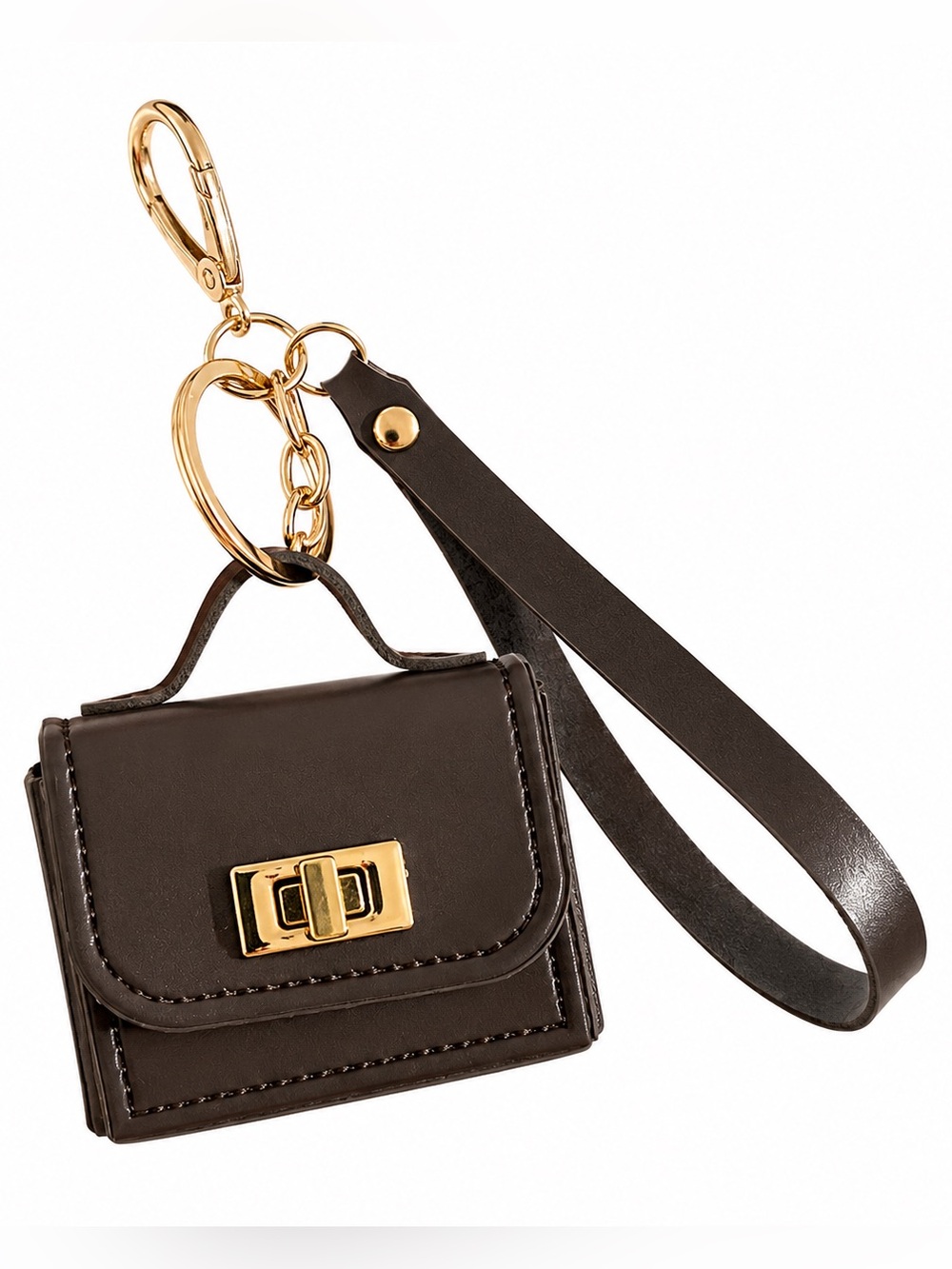 Brown Mini Purse Keychain Wristlet Handbag Charm Gold Tone Bag Accessory